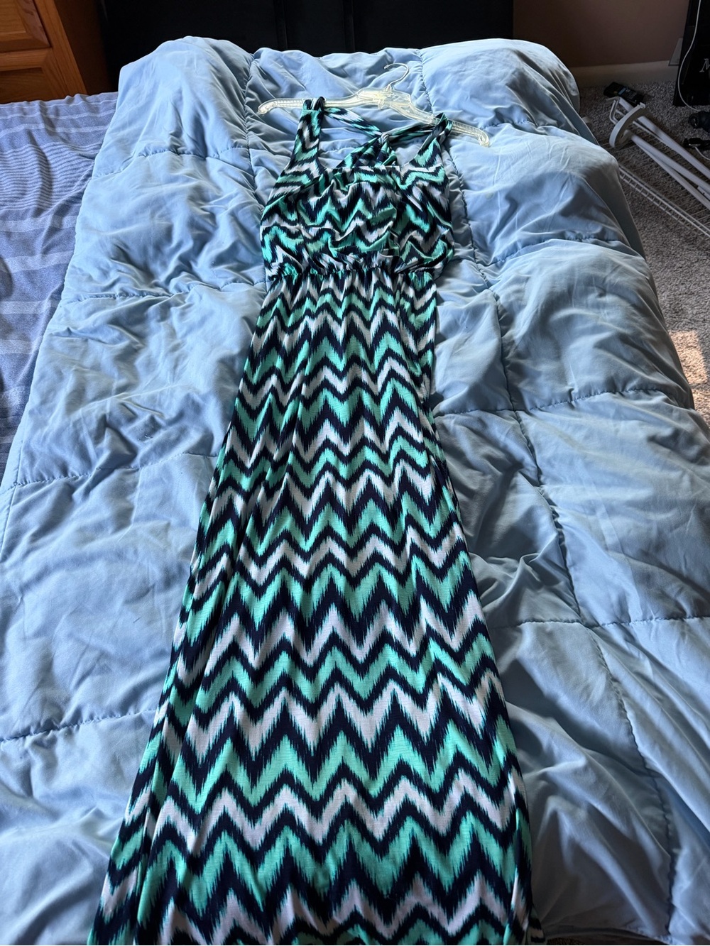 Sleeveless Chevron Maxi Dress in Teal & Black